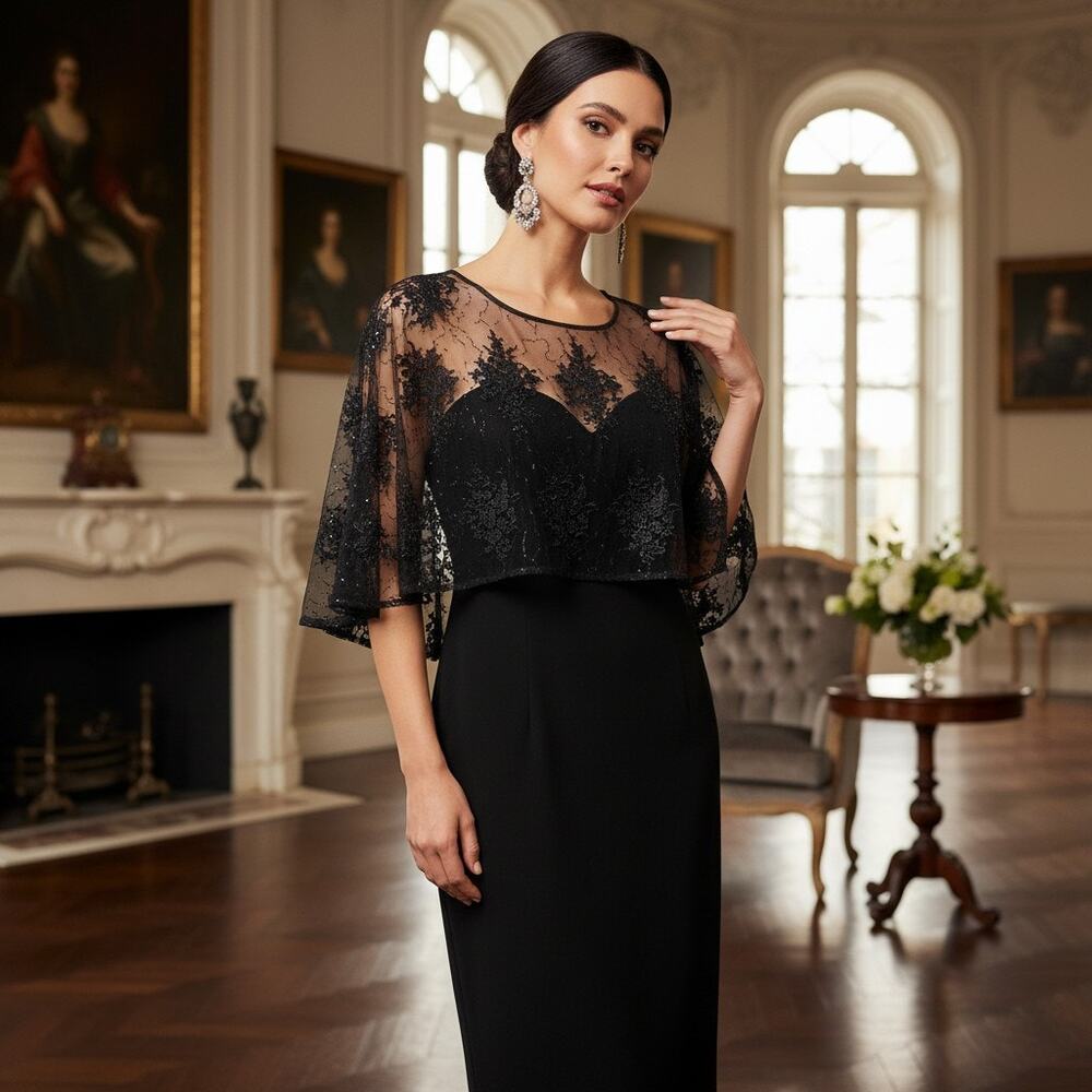 R&M Richards Women’s Size 8 Black Knee‑Length  NWT Lace Overlay Elegant Evening